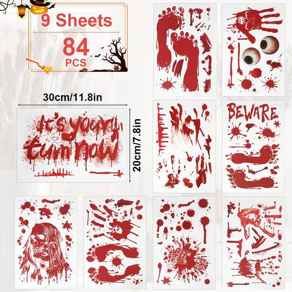 AUAUY Halloween Blutige Fensteraufkleber, 9 Blätter Halloween Bloody Handprints Fußabdrücke Aufkleber Horror PVC Aufkleber Bloody Handprint Decals Bloodstains Fenster Decals Bodenaufkleber Clings