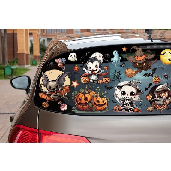 12 Große Halloween-Fensteraufkleber - Fledermaus, Spinne, Vampir, Hexe - Dekorationen, Fensterabziehbilder