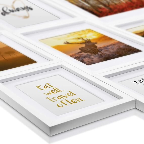 bomoe 18er Bilderrahmen Set – 6x 10x15 cm, 4x 13x18 cm, 4x 18x24 cm, 4x 20x30 cm Fotowand Bilder Set Holz & Kunststoffglas Holzbilderrahmen mit Passepartout Weiß