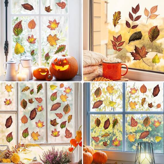 AUAUY 9 Stück Fensterbilder Herbst, Warme Herbstdeko, Thanksgiving Fensterbilder Selbstklebend Fensterufkleber Herbstdekorationen, Ahornblatt Herbst Deko Aufkleber für Fenster Kinderzimmer Cafés Party