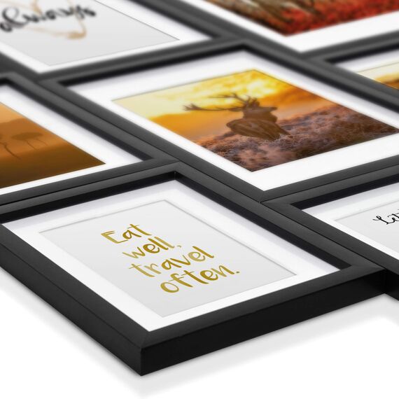 bomoe 18er Bilderrahmen Set – 6x 10x15 cm, 4x 13x18 cm, 4x 18x24 cm, 4x 20x30 cm Fotowand Bilder Set Holz & Kunststoffglas Holzbilderrahmen mit Passepartout Schwarz