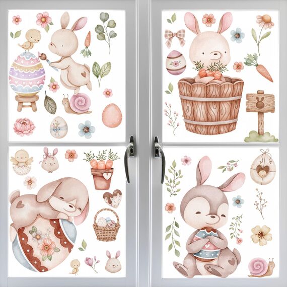 12 Blätte große Osterfensteraufkleber, Osterdeko, Osterdekorationen, süße Häschen-Eier, Fensteraufkleber, Ostereier, Blumen, Fensteraufkleber, Partyzubehör für Zuhause, Schule, Büro