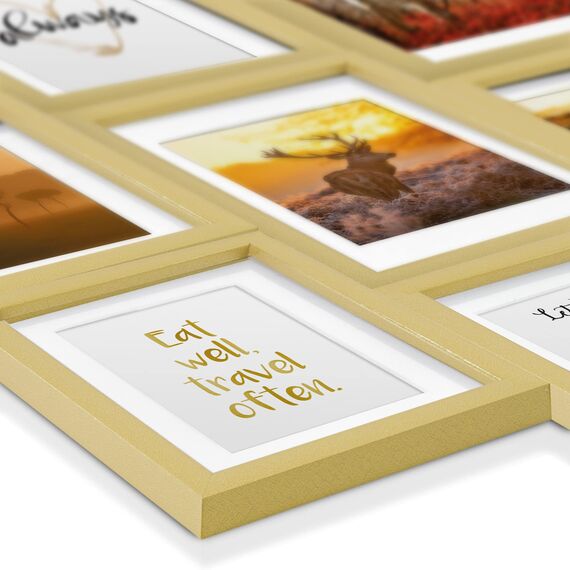 bomoe 18er Bilderrahmen Set – 6x 10x15 cm, 4x 13x18 cm, 4x 18x24 cm, 4x 20x30 cm Fotowand Bilder Set Holz & Kunststoffglas Holzbilderrahmen mit Passepartout Gold