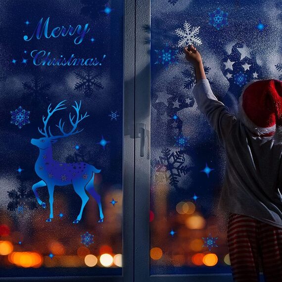 Weihnachtsdeko Fenster Deko,Blue Deer Fensterbilder Selbstklebend Abnehmbare Fensterdeko Statisch Haftende PVC Aufkleber Weihnachten,Fensterbilder Weihnachten Winter Deko