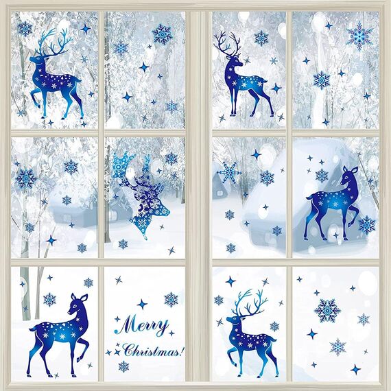 Weihnachtsdeko Fenster Deko,Blue Deer Fensterbilder Selbstklebend Abnehmbare Fensterdeko Statisch Haftende PVC Aufkleber Weihnachten,Fensterbilder Weihnachten Winter Deko
