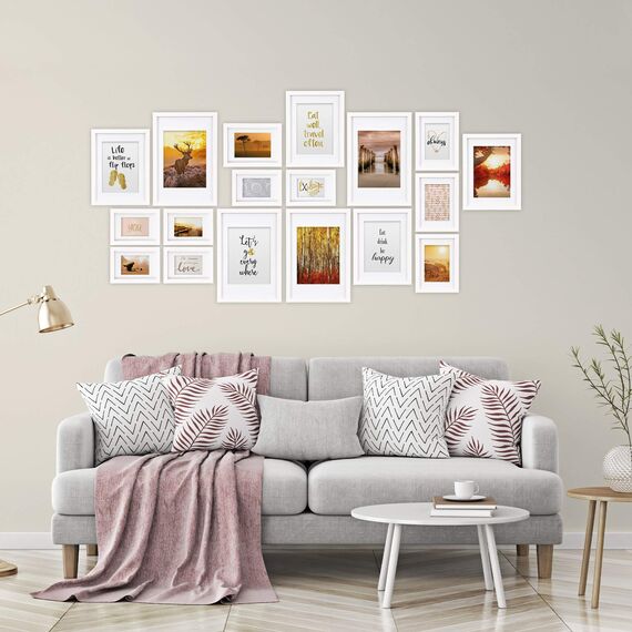 bomoe 18er Bilderrahmen Set – 6x 10x15 cm, 4x 13x18 cm, 4x 18x24 cm, 4x 20x30 cm Fotowand Bilder Set Holz & Kunststoffglas Holzbilderrahmen mit Passepartout Weiß