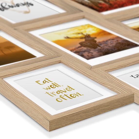 bomoe 18er Bilderrahmen Set – 6x 10x15 cm, 4x 13x18 cm, 4x 18x24 cm, 4x 20x30 cm Fotowand Bilder Set Holz & Kunststoffglas Holzbilderrahmen mit Passepartout Eiche