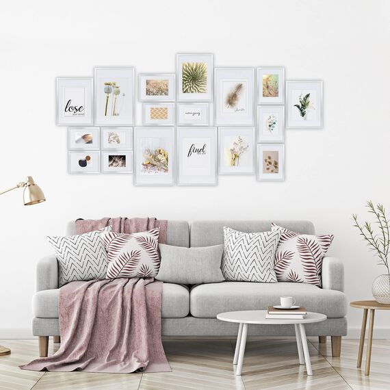 bomoe 18er Bilderrahmen Set – 6x 10x15 cm, 4x 13x18 cm, 4x 18x24 cm, 4x 20x30 cm Fotowand Bilder Set Holz & Kunststoffglas Holzbilderrahmen mit Passepartout Silber