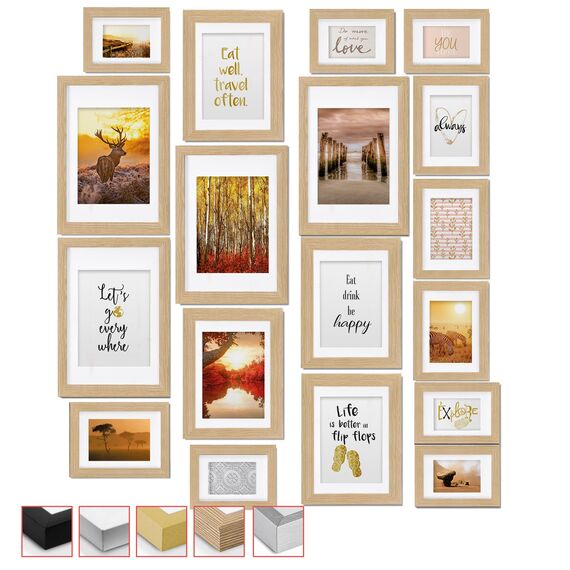 bomoe 18er Bilderrahmen Set – 6x 10x15 cm, 4x 13x18 cm, 4x 18x24 cm, 4x 20x30 cm Fotowand Bilder Set Holz & Kunststoffglas Holzbilderrahmen mit Passepartout Eiche