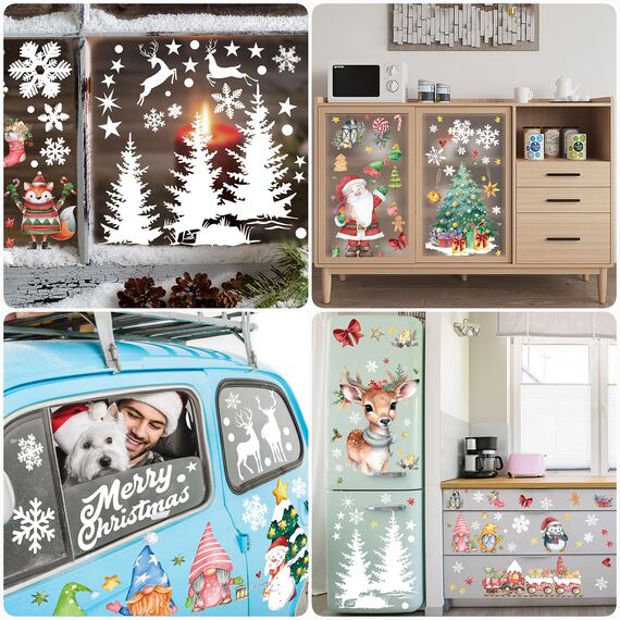 Aquarell Fensterbilder Weihnachten, SILARLAIT 10 Stück Weihnachtsdeko Fenster, Selbstklebend & Repositionierbar & Wiederverwendbar, Große Schneeflocken Fensterdeko, Winterdeko für Glas, Vitrinen
