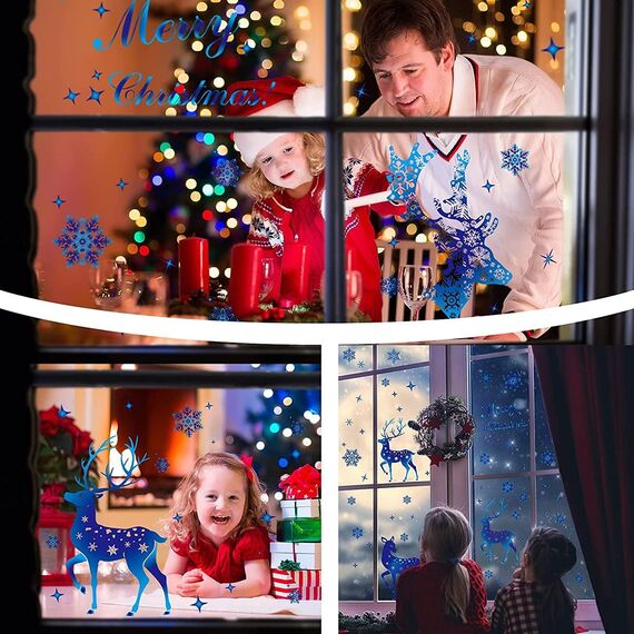 Weihnachtsdeko Fenster Deko,Blue Deer Fensterbilder Selbstklebend Abnehmbare Fensterdeko Statisch Haftende PVC Aufkleber Weihnachten,Fensterbilder Weihnachten Winter Deko