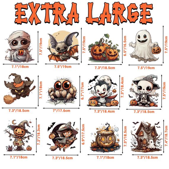 12 Große Halloween-Fensteraufkleber - Fledermaus, Spinne, Vampir, Hexe - Dekorationen, Fensterabziehbilder