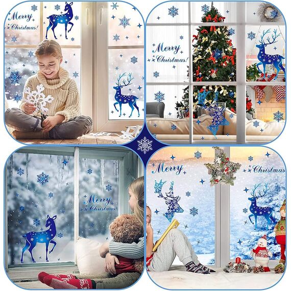 Weihnachtsdeko Fenster Deko,Blue Deer Fensterbilder Selbstklebend Abnehmbare Fensterdeko Statisch Haftende PVC Aufkleber Weihnachten,Fensterbilder Weihnachten Winter Deko