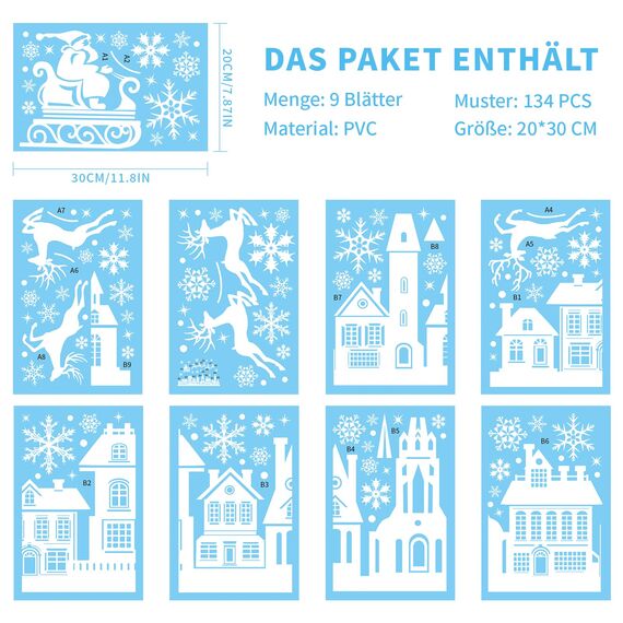 Nepfaivy Fensterbilder Weihnachten Selbstklebend Fensterdeko - 134PCS Wiederverwendbare Statische Fenstersticker mit Häuser und Schneeflocken, Winter Fensteraufkleber Weihnachtsfensterbilder Deko
