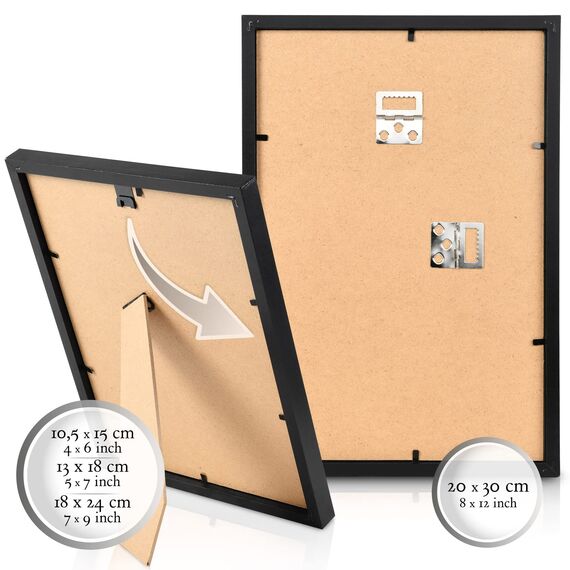 bomoe 18er Bilderrahmen Set – 6x 10x15 cm, 4x 13x18 cm, 4x 18x24 cm, 4x 20x30 cm Fotowand Bilder Set Holz & Kunststoffglas Holzbilderrahmen mit Passepartout Schwarz