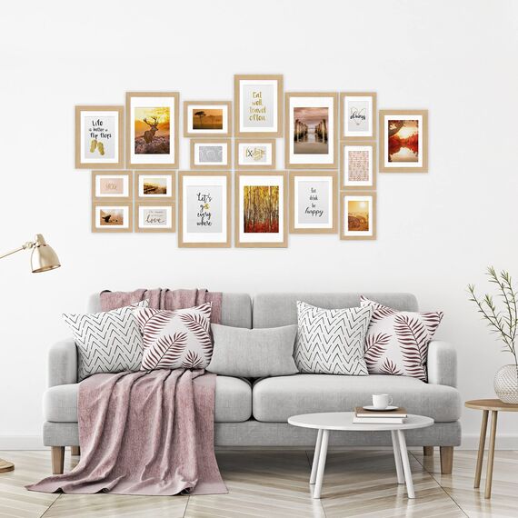 bomoe 18er Bilderrahmen Set – 6x 10x15 cm, 4x 13x18 cm, 4x 18x24 cm, 4x 20x30 cm Fotowand Bilder Set Holz & Kunststoffglas Holzbilderrahmen mit Passepartout Eiche