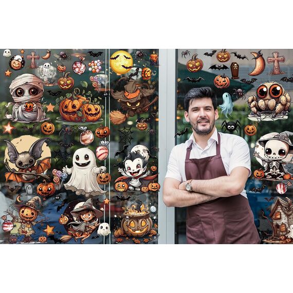 12 Große Halloween-Fensteraufkleber - Fledermaus, Spinne, Vampir, Hexe - Dekorationen, Fensterabziehbilder