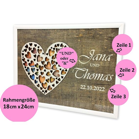 Personalisierter Bilderrahmen mit Herz – Geldgeschenk zur Hochzeit, Taufe, Geburtstag – Kreative Verpackung für Geldgeschenke – Später als Fotorahmen nutzbar (18cm x 24cm Variante 2)