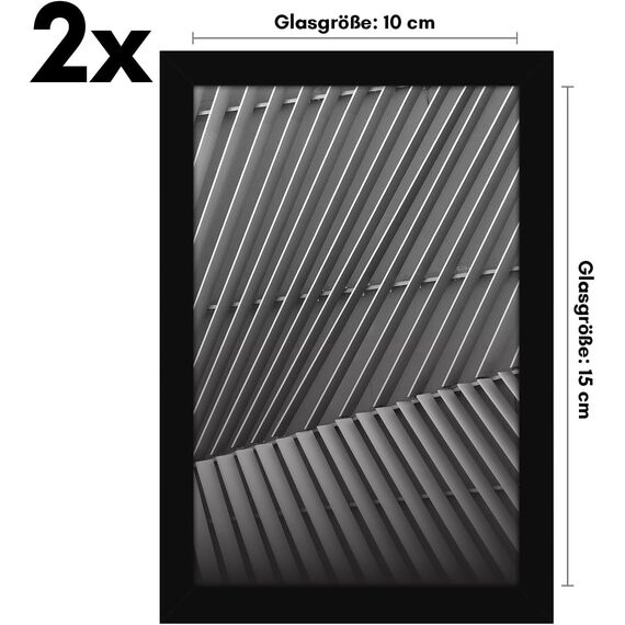 Americanflat Bilderrahmen 10x15 cm in Schwarz - Dünner Rahmen mit Bruchsicheres Glas, Integrierter Ständer, Aufhängung für Wand und Tischplatte - 2er Set