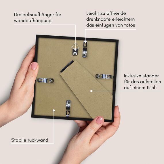 Americanflat Bilderrahmen 15x15 cm aus Kunststoff (2er Pack) - Bilderrahmen quadratisch 15x15 cm mit bruchsicherer Scheibe - inklusive Ständer und integrierter Aufhängung - Schwarz