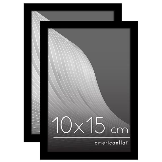 Americanflat Bilderrahmen 10x15 cm aus Kunststoff (2er Pack) - schmaler Fotorahmen 10x15 cm mit bruchsicherer Scheibe - inklusive Ständer und integrierter Aufhängung für Hoch- und Querformat - Schwarz