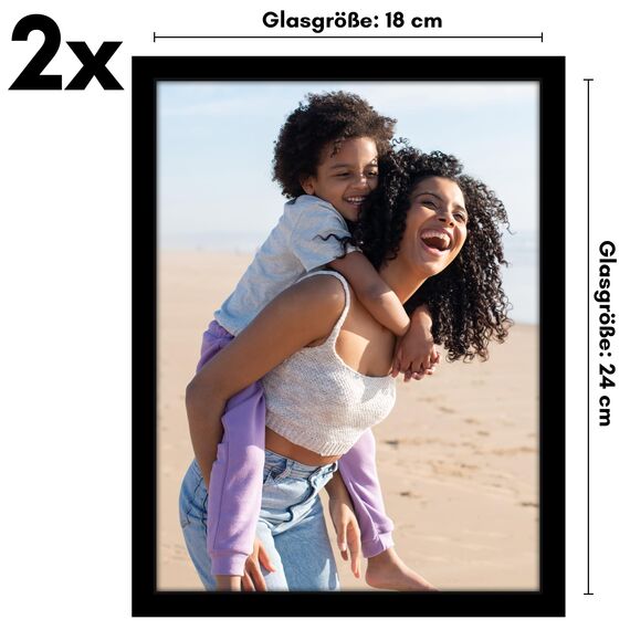 Americanflat Bilderrahmen 18x24 cm aus Kunststoff (2er Pack) - Bilderrahmen 24x18 cm mit bruchsicherer Scheibe - inklusive Ständer und integrierter Aufhängung für Hoch- und Querformat - Schwarz
