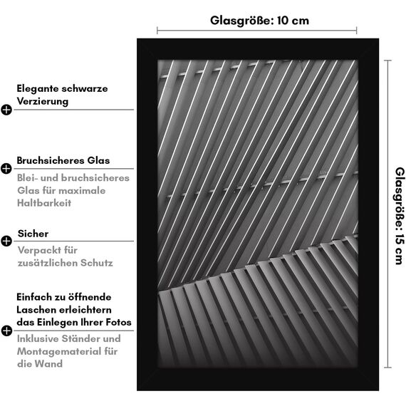 Americanflat Bilderrahmen 10x15 cm in Schwarz - Dünner Rahmen mit Bruchsicheres Glas, Integrierter Ständer, Aufhängung für Wand und Tischplatte - 2er Set