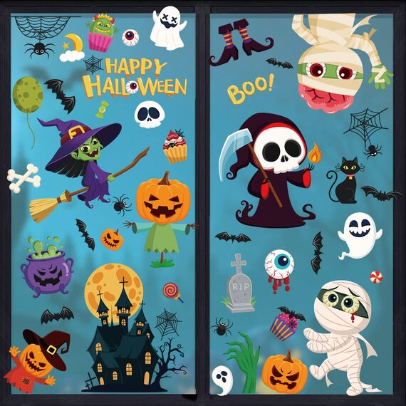 Halloween Fensteraufkleber Wiederverwendbar,Doppelseitige Niedliche Cartoon Halloween Fensteraufkleber Monster Hexe für Kinder(9 Blätter, 20 * 30cm)