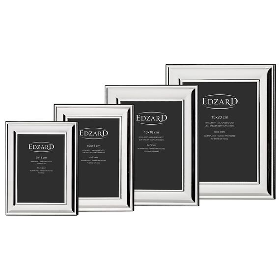EDZARD Bilderrahmen Sunset für Foto 10 x 15 cm, edel versilbert, anlaufgeschützt, mit Samtrücken, inkl. 2 Aufhängern, Fotorahmen zum Stellen und Hängen