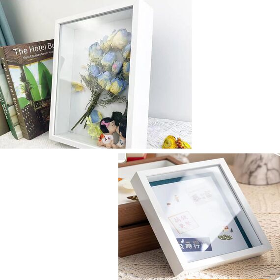 3D Bilderrahmen 20 x 20cm Tiefer Rahmen für Objekte bis 5cm-Objektrahmen zum Befüllen Quadratische Form, 3D bilderrahmen für Objekte Fotos Kunstwerke Erinnerungen Blumen (weiß)