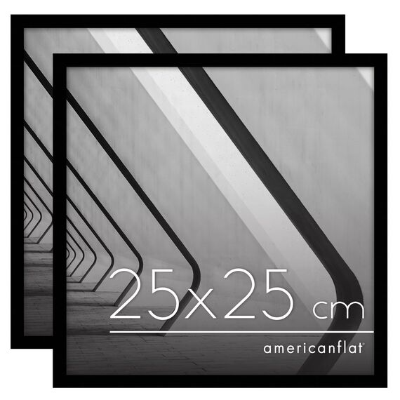 Americanflat Bilderrahmen 25x25 cm aus Kunststoff (2er Pack) - Bilderrahmen quadratisch 25x25 cm mit bruchsicherer Scheibe - inklusive Ständer und integrierter Aufhängung - Schwarz