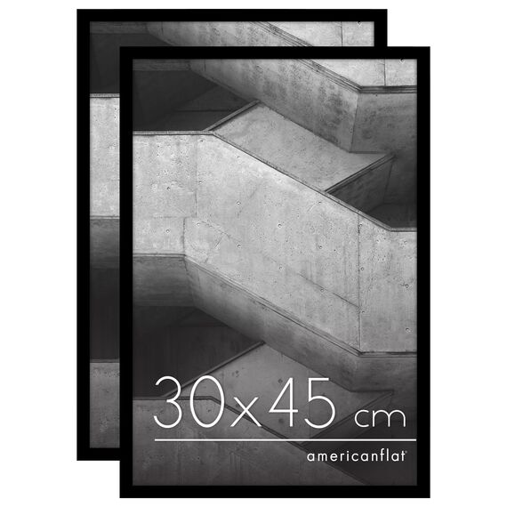 Americanflat Bilderrahmen 30x45 cm aus Kunststoff (2er Pack)- schmaler Bilderrahmen 45x30 cm mit Plexi-Scheibe - Fotorahmen mit integrierter Aufhängung für Hoch- und Querformat - Schwarz