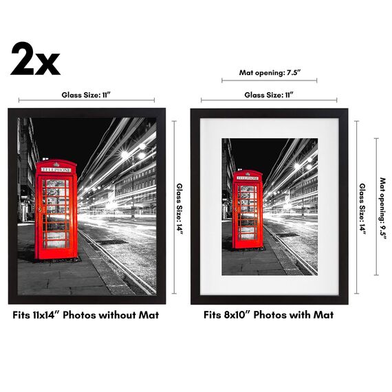 Americanflat 11x14 Bilderrahmen in Schwarz – Zeigt 8x10 mit Matte und 11x14 ohne Matte – Holzwerkstoff mit bruchsicherem Glas – Horizontale und vertikale Formate für die Wand – 2er-Set