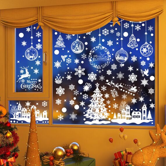 SCIONE 243 Stück Weihnachten Fensterbilder Weiß Fenster Dekoration Fenstersticker Haftende Statisch Aufkleber Selbstklebend Fensteraufkleber