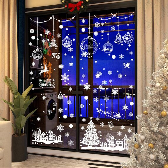 SCIONE 243 Stück Weihnachten Fensterbilder Weiß Fenster Dekoration Fenstersticker Haftende Statisch Aufkleber Selbstklebend Fensteraufkleber
