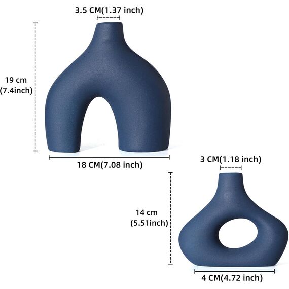 CEMABT Blau Keramikvase 2er Set für Moderne Wohnkultur, runde Matte Donut-Vasen für Pampasgras, neutraler Boho-nordischer Minimalismus-Stil Blumenvasen für Wohnzimmer Hochzeit