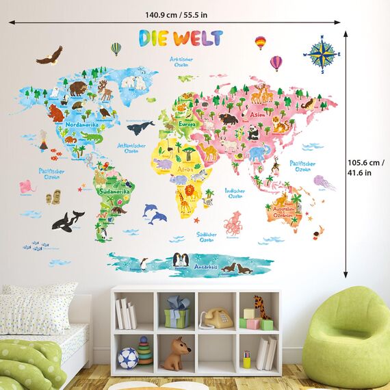 DECOWALL DL3-1615DE Extra groß Weltkarte Tierweltkarte Tiere Wandtattoo (140x110 cm) Wandsticker Wandaufkleber Wanddeko für Wohnzimmer Schlafzimmer Kinderzimmer (Deutsche Ver.)