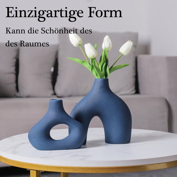CEMABT Blau Keramikvase 2er Set für Moderne Wohnkultur, runde Matte Donut-Vasen für Pampasgras, neutraler Boho-nordischer Minimalismus-Stil Blumenvasen für Wohnzimmer Hochzeit