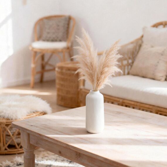 flature Keramik Vase mit Rillen - Dekovase Klein für Pampasgras als Boho Deko, kleine Blumenvase Weiß Matt 21cm hoch für Flowers, Wohnungsdeko für frische Blumen, Trockenblumen, Esstisch, Büro (Gr.M)