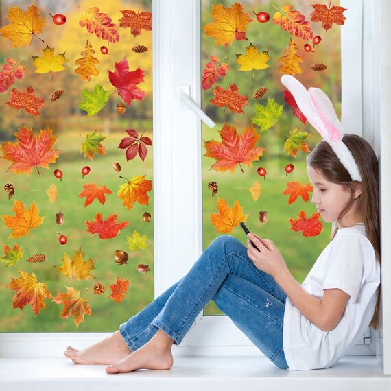 BBLIKE 6 Stück Herbstdeko Herbst Fensterbilder Erntedankfest Fensterufkleber Fensterbilder Selbstklebend Thanksgiving Herbstdekorationen Ahornblätter Marone Fenster Sticker für Kinderzimmer Cafe