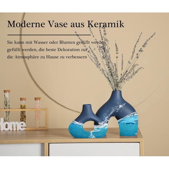 CEMABT Blau Keramikvase 2er Set für Moderne Wohnkultur, runde Matte Donut-Vasen für Pampasgras, neutraler Boho-nordischer Minimalismus-Stil Blumenvasen für Wohnzimmer Hochzeit
