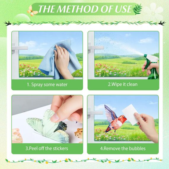 BBLIKE 9 Blätter Frühling Fensterbilder - Kolibri Blume Selbstklebend Doppelseitig Bedruckt Fenstersticker, Wiederverwendbare Fensterbilder für Fensterdeko