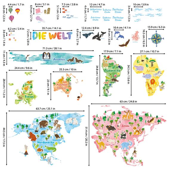 DECOWALL DL3-1615DE Extra groß Weltkarte Tierweltkarte Tiere Wandtattoo (140x110 cm) Wandsticker Wandaufkleber Wanddeko für Wohnzimmer Schlafzimmer Kinderzimmer (Deutsche Ver.)