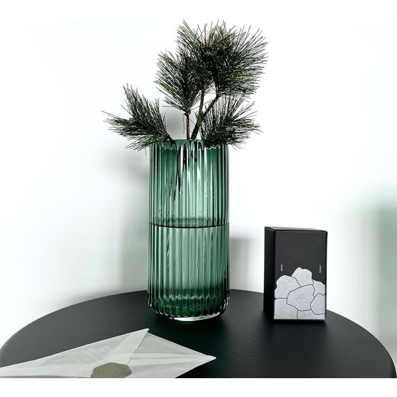 Vzmiza Grün Glas Vase 26CM Für Moderne Heimdekoration - Flower Vase Für Pampasgras - nordischer Boho-Stil vasen Glas für Hochzeit - Groß Gerippt Blumenvase für tulpen-Esstisch, Wohnen-BodenVase