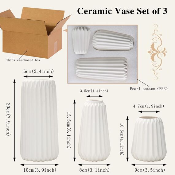 Sawoake Keramik Vasen Set von 3 - Weiße Matte Vasen für Pampasgras, Trockenblumen & Home Decor, Modernes Boho und Skandinavisches Design mit Natürlicher Textur（Wohnzimmer, Esszimmer, Hochzeitstisch）