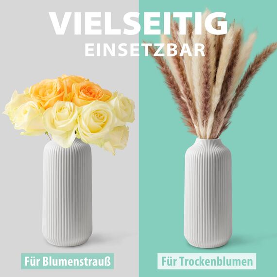 flature Keramik Vase mit Rillen - Dekovase Klein für Pampasgras als Boho Deko, kleine Blumenvase Weiß Matt 21cm hoch für Flowers, Wohnungsdeko für frische Blumen, Trockenblumen, Esstisch, Büro (Gr.M)