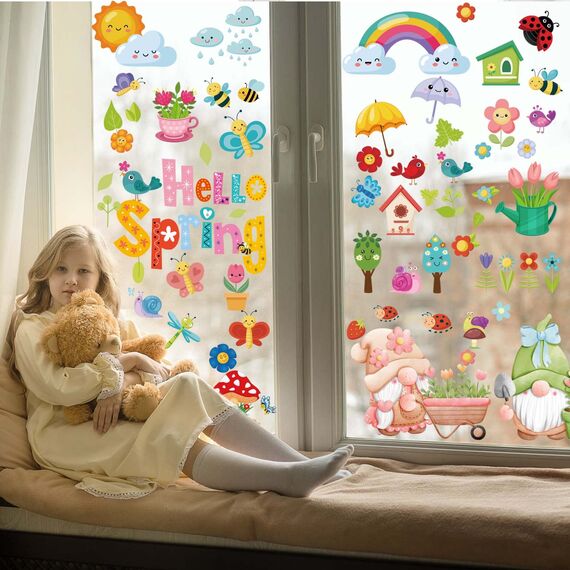 BBLIKE Fensterbilder Frühling 9 Blätter Fenstersticker Frühling Ostern Selbstklebend Schmetterling Blumen Vogel Baum Fensteraufkleber Wiederverwendbare für Fensterdeko Kinderzimmer Party Zubehör