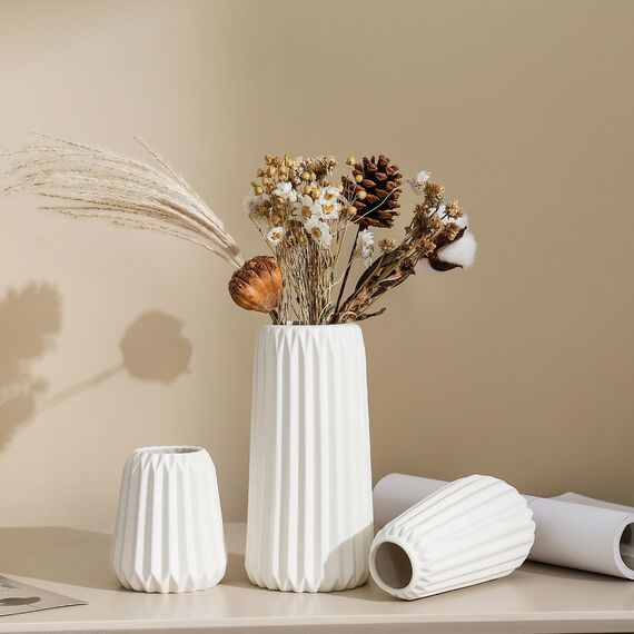 Sawoake Keramik Vasen Set von 3 - Weiße Matte Vasen für Pampasgras, Trockenblumen & Home Decor, Modernes Boho und Skandinavisches Design mit Natürlicher Textur（Wohnzimmer, Esszimmer, Hochzeitstisch）