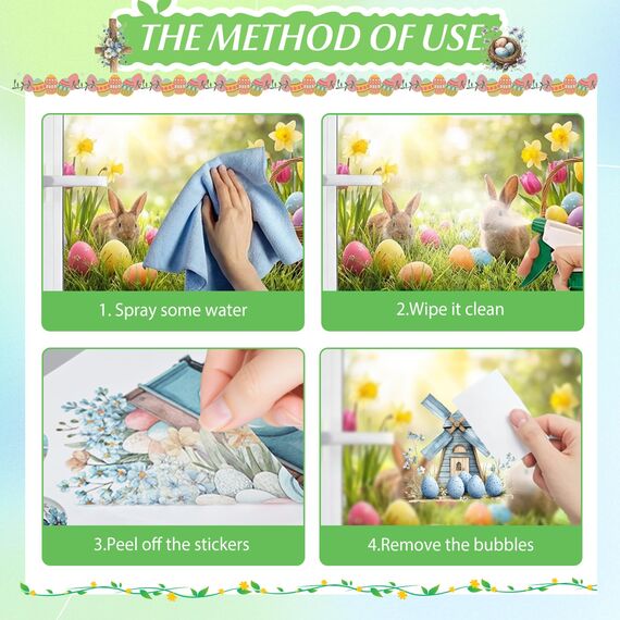 BBLIKE 9 Blätter Ostern Fensterbilder - Gefärbte Eier Häschen Selbstklebend Doppelseitig Bedruckt Fenstersticker, Wiederverwendbare Fensterbilder für Fensterdeko