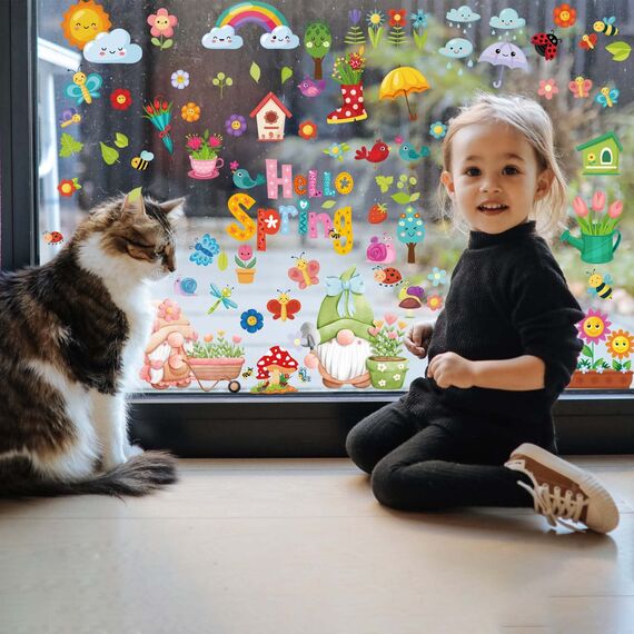 BBLIKE Fensterbilder Frühling 9 Blätter Fenstersticker Frühling Ostern Selbstklebend Schmetterling Blumen Vogel Baum Fensteraufkleber Wiederverwendbare für Fensterdeko Kinderzimmer Party Zubehör